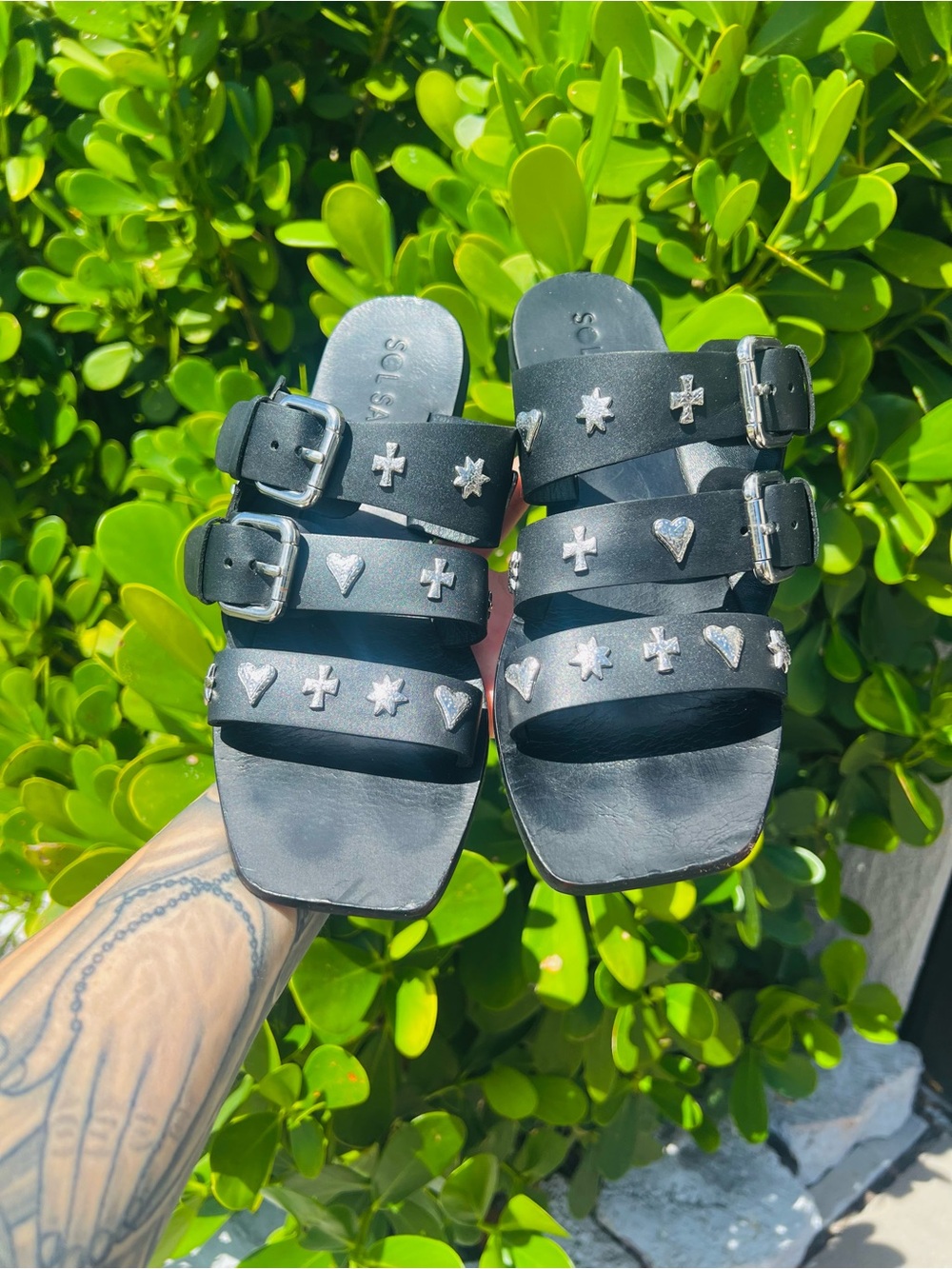 Sol Sana Studded Black Triple-Strap Slide Sandals